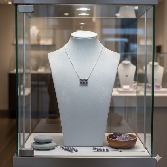 Dainty Amethyst Gemstone Bar Paperclip Necklace in Sterling Silver Adjustable - Picture 2 of 5